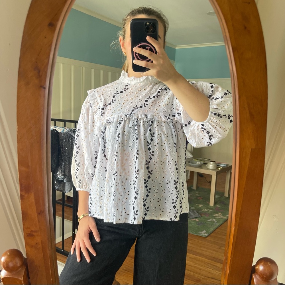 Ro & De White Eyelet Ruffle Yoke Blouse with Black Embroidery